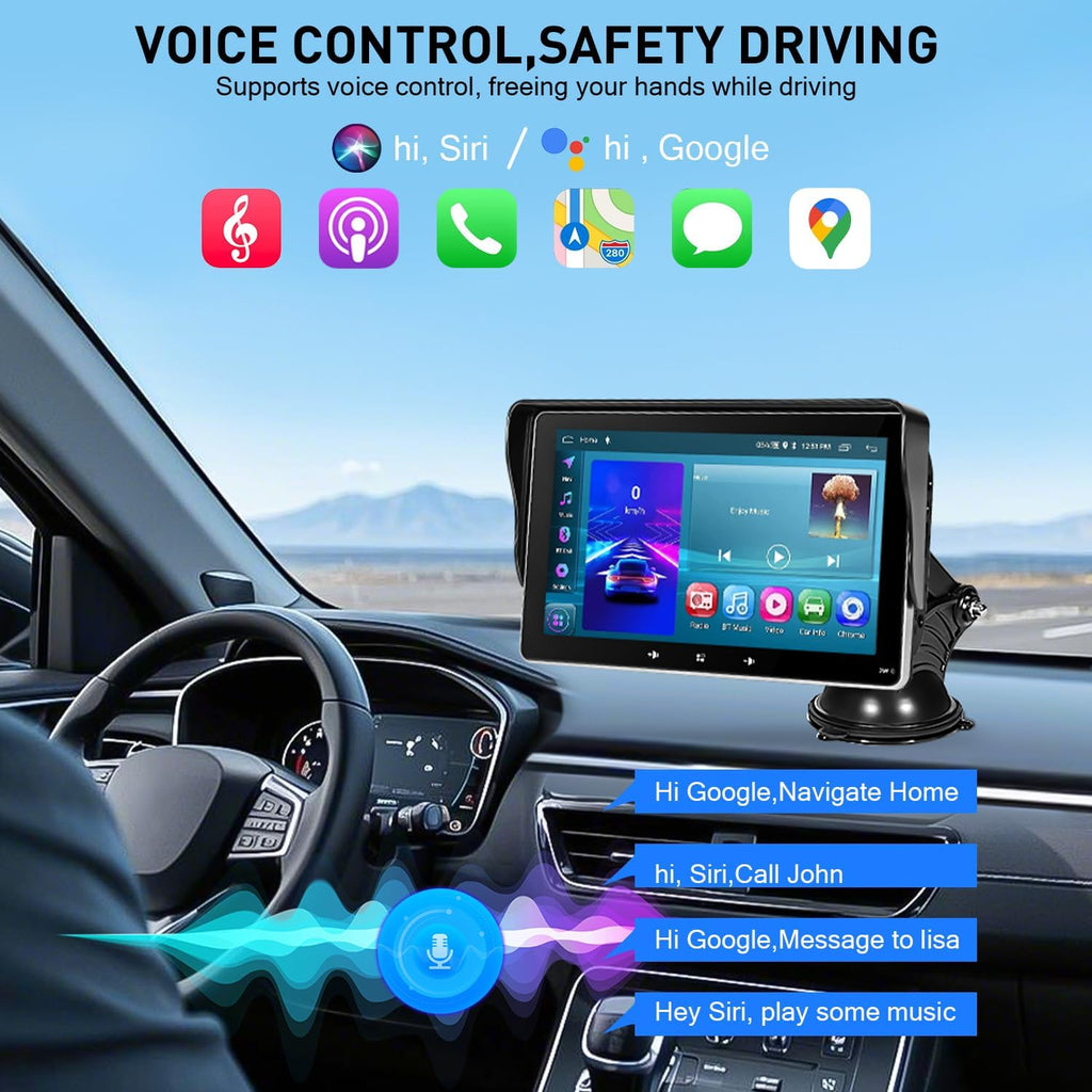 Apple Carplay Screen for Car, 7" Wireless Carplay & Android Auto Car Stereo, Portable Touchscreen with Mirror Link/Gps Navigation/Aux/Voice Control/Bluetooth for All Vehicles
