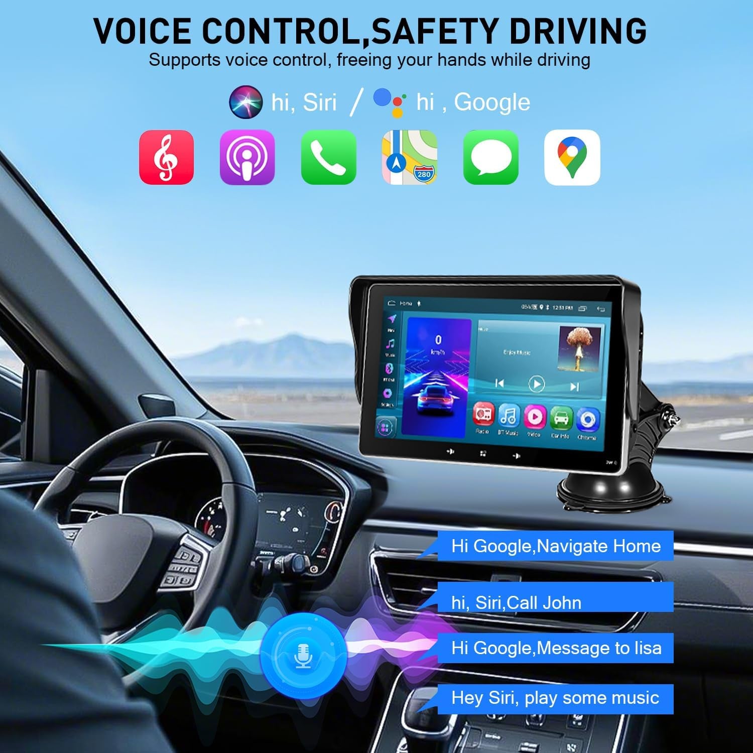 Apple Carplay Screen for Car, 7" Wireless Carplay & Android Auto Car Stereo, Portable Touchscreen with Mirror Link/Gps Navigation/Aux/Voice Control/Bluetooth for All Vehicles
