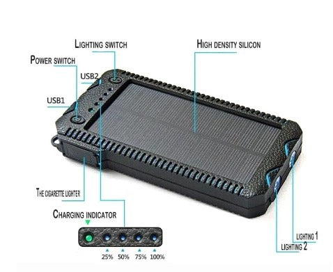 15000mAh Rugged Solar Power Bank with Dual LED & Cigarette Lighter