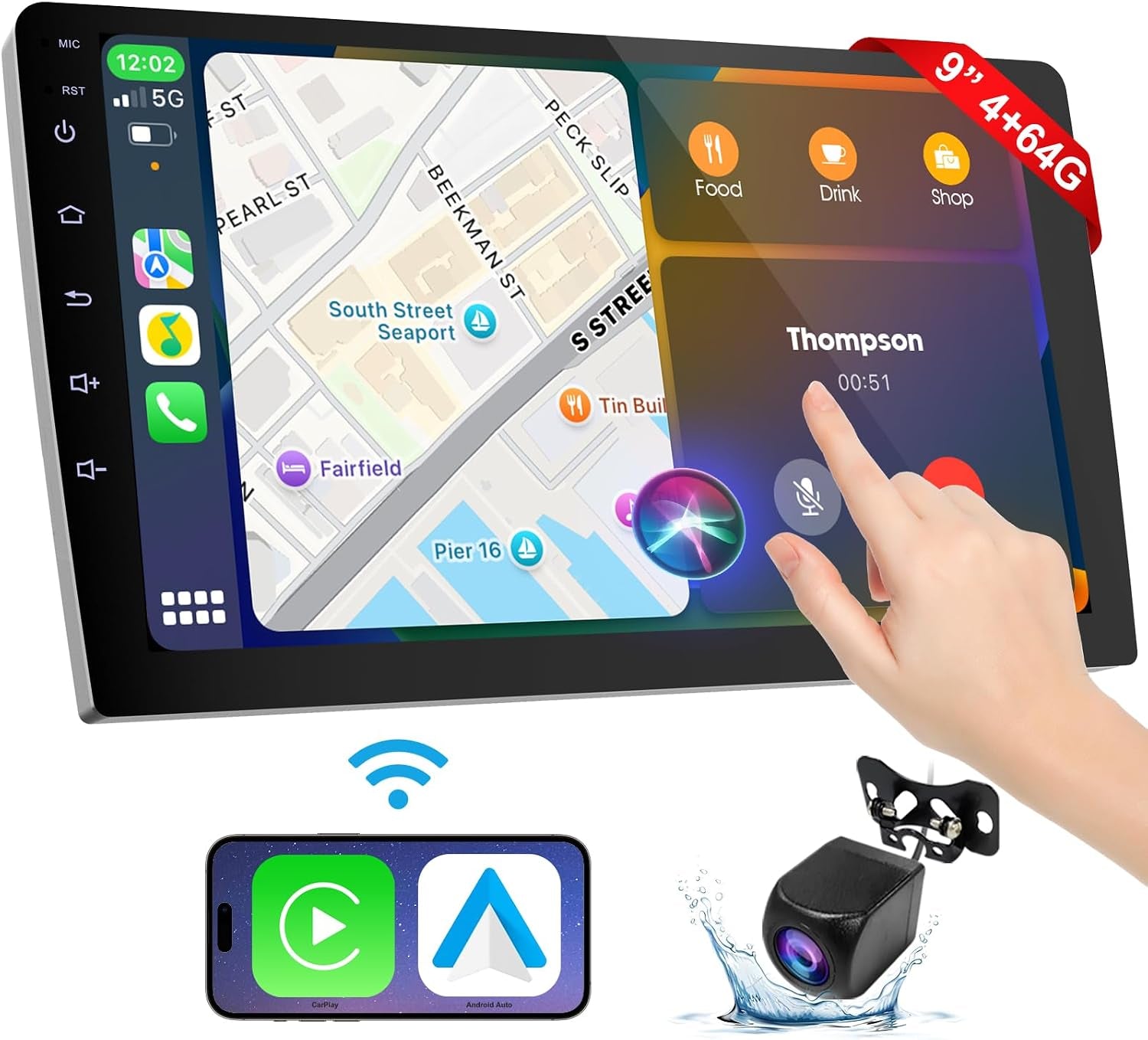 9 Inch Cars Radio with Apple Carplay and Android Auto, 2 Din Car Stereo with HD Backup Camera, GPS Navigation, Bluetooth, Voice Control, Mirror Link, FM/AM/AUX for All Vehicles(4+64Gb)