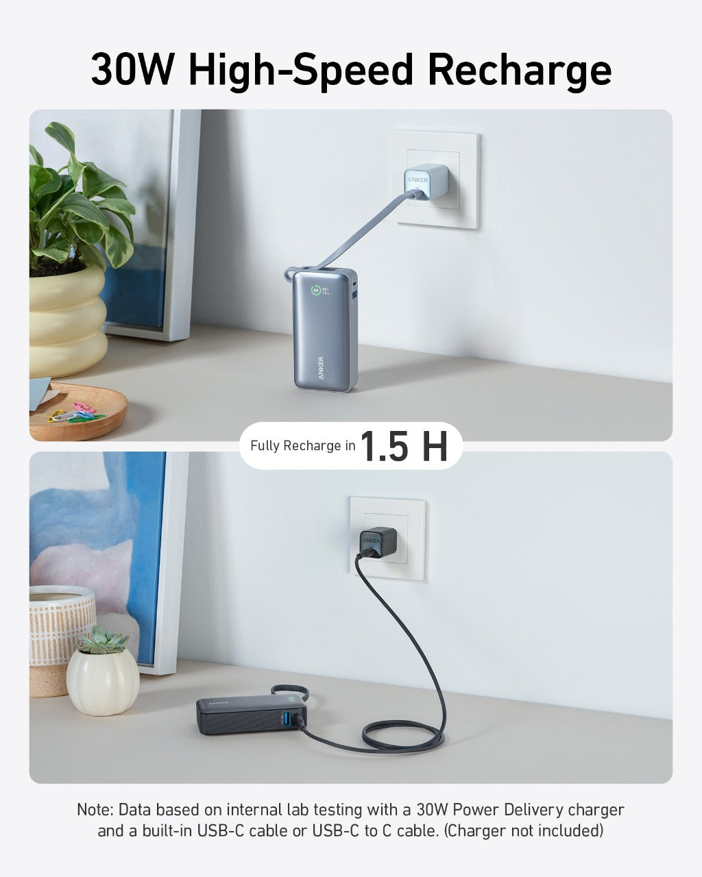 Anker Nano Power Bank 10000mAh 30W Fast Charging with Built-In USB-C Cable