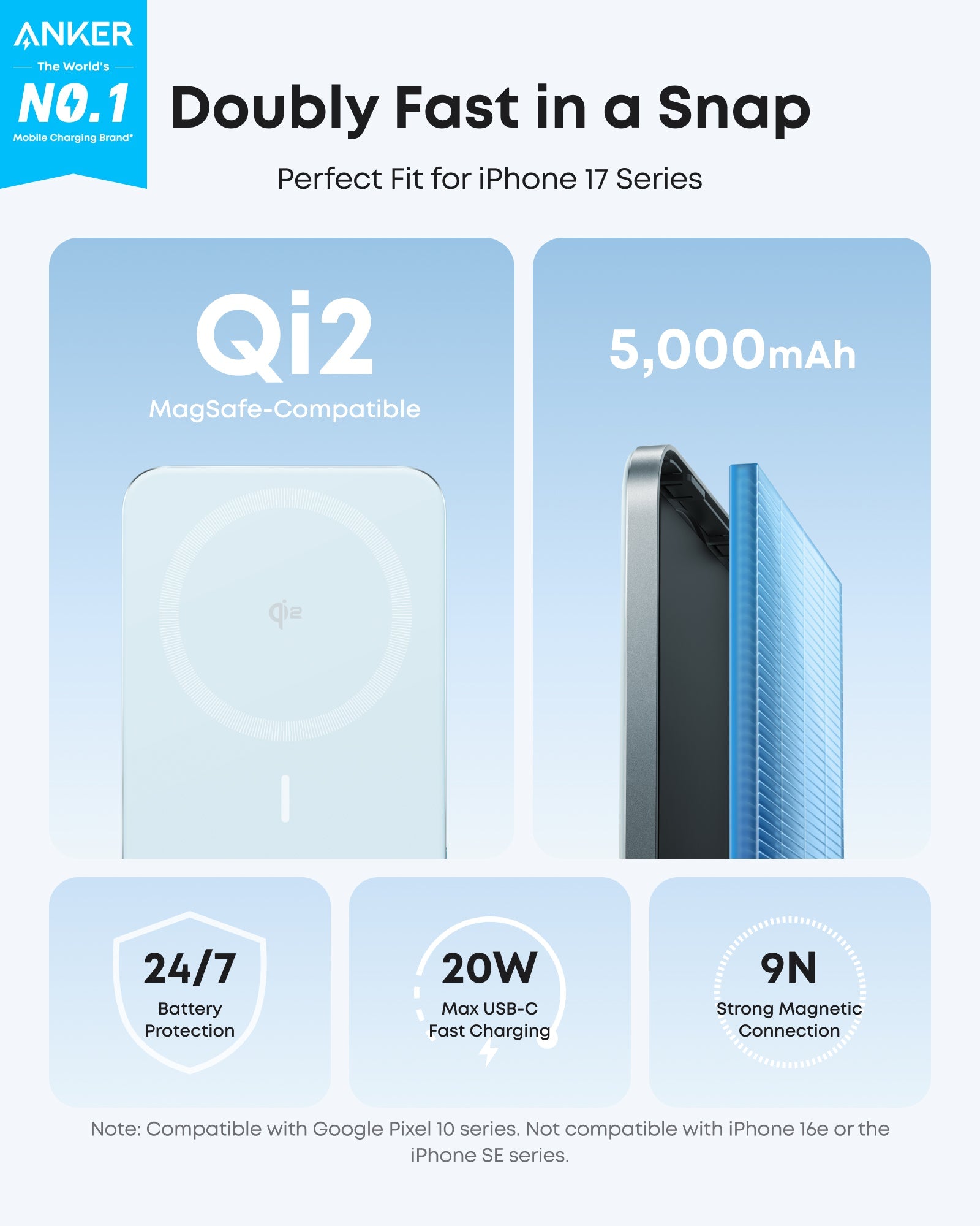Anker Nano Power Bank 5000mAh MagSafe Compatible Qi2 Slim Magnetic Wireless Charger