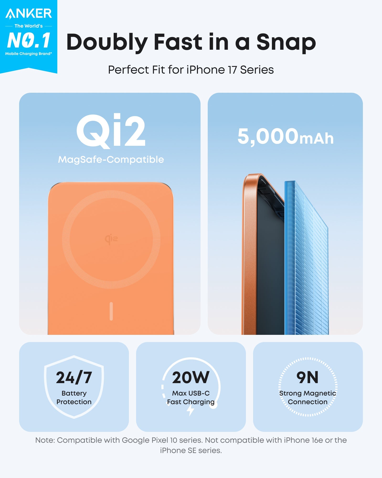 Anker Nano Power Bank 5000mAh MagSafe Compatible Qi2 Slim Magnetic Wireless Charger