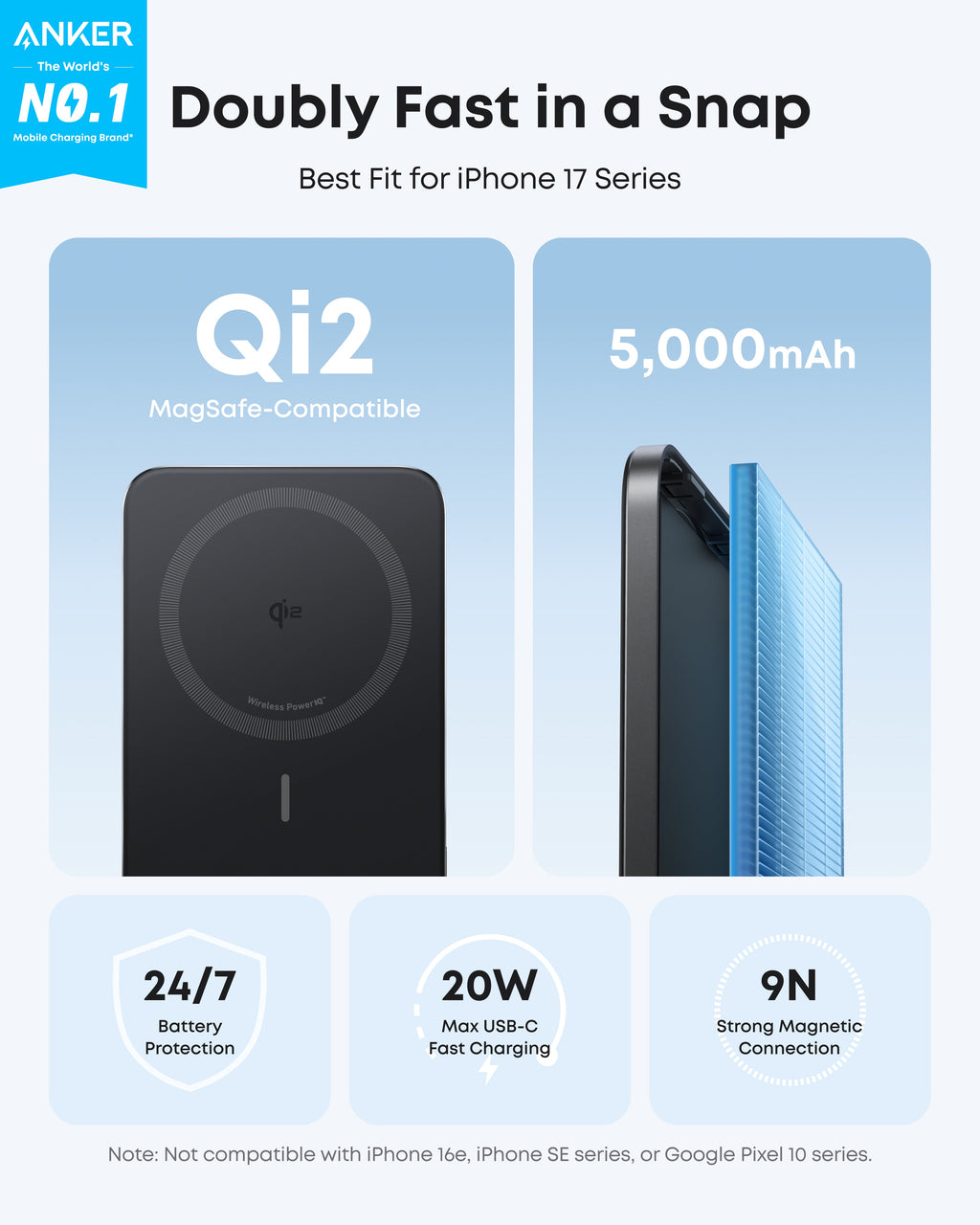 Anker Nano Power Bank 5000mAh MagSafe Compatible Qi2 Slim Magnetic Wireless Charger