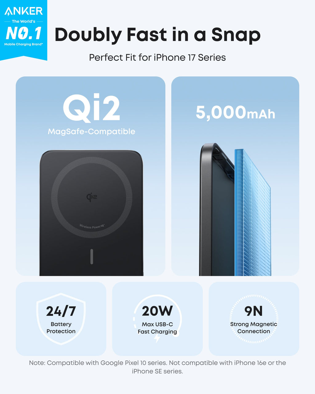Anker Nano Power Bank 5000mAh MagSafe Compatible Qi2 Slim Magnetic Wireless Charger