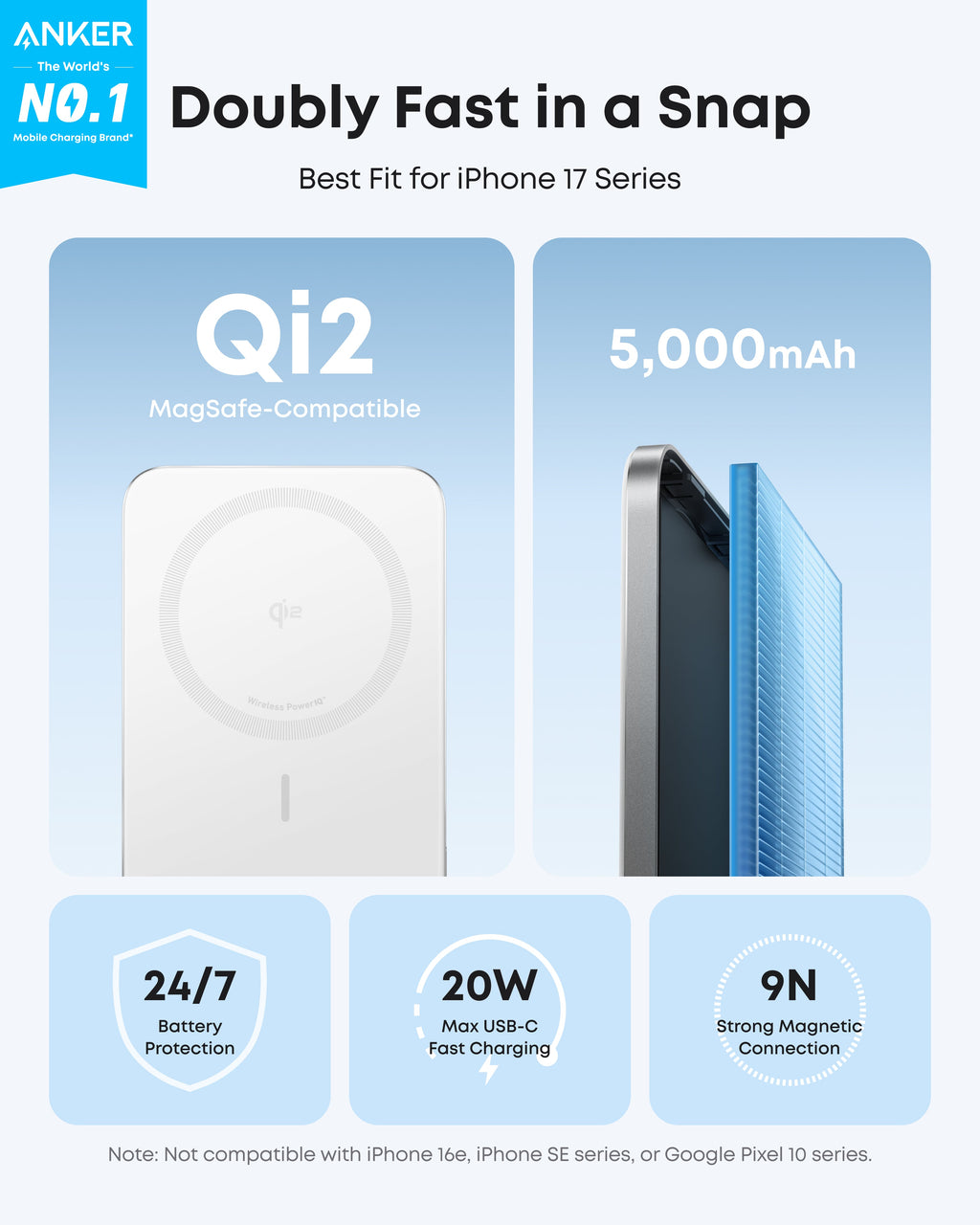 Anker Nano Power Bank 5000mAh MagSafe Compatible Qi2 Slim Magnetic Wireless Charger
