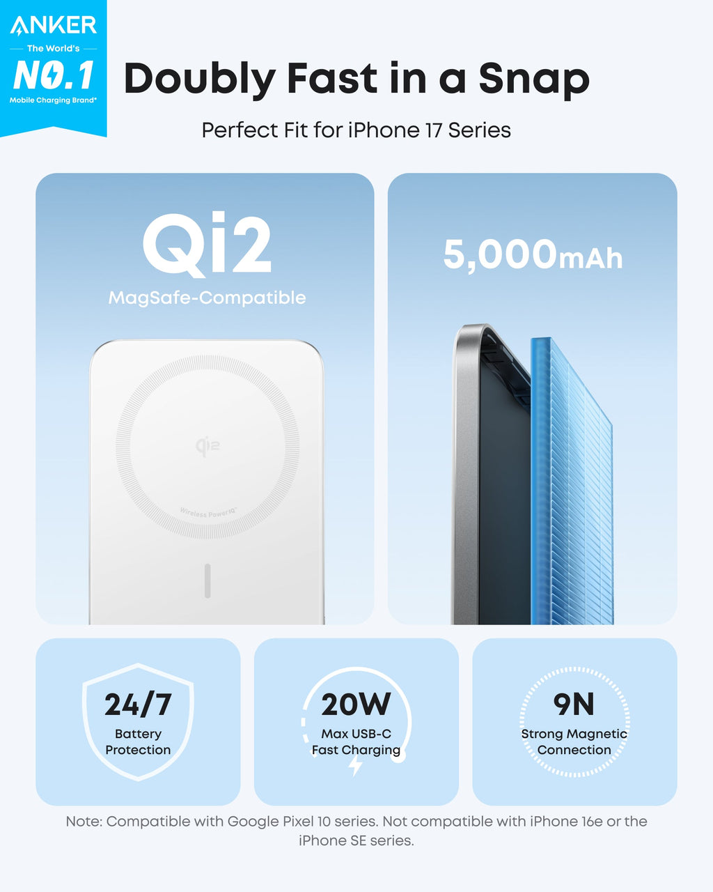 Anker Nano Power Bank 5000mAh MagSafe Compatible Qi2 Slim Magnetic Wireless Charger