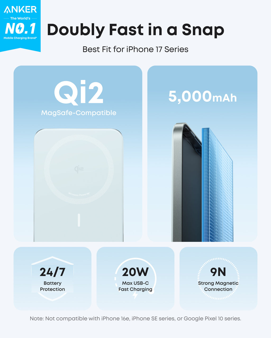 Anker Nano Power Bank 5000mAh MagSafe Compatible Qi2 Slim Magnetic Wireless Charger