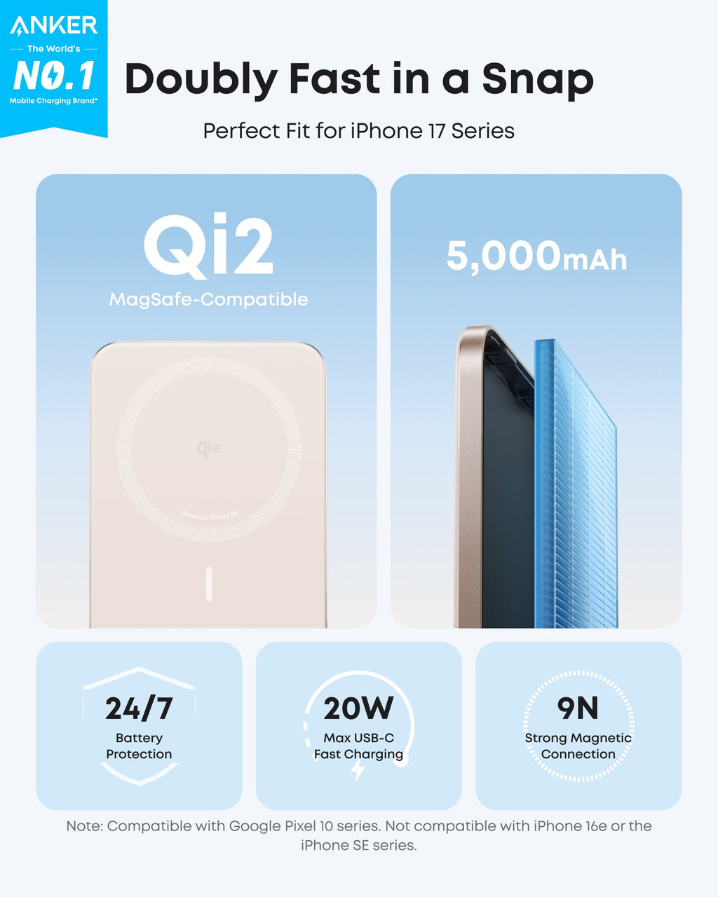 Anker Nano Power Bank 5000mAh MagSafe Compatible Qi2 Slim Magnetic Wireless Charger