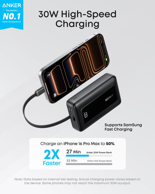 Anker Zolo Power Bank 10000mAh 30W Fast Charging with Built-In USB-C Cable for iPhone & Android
