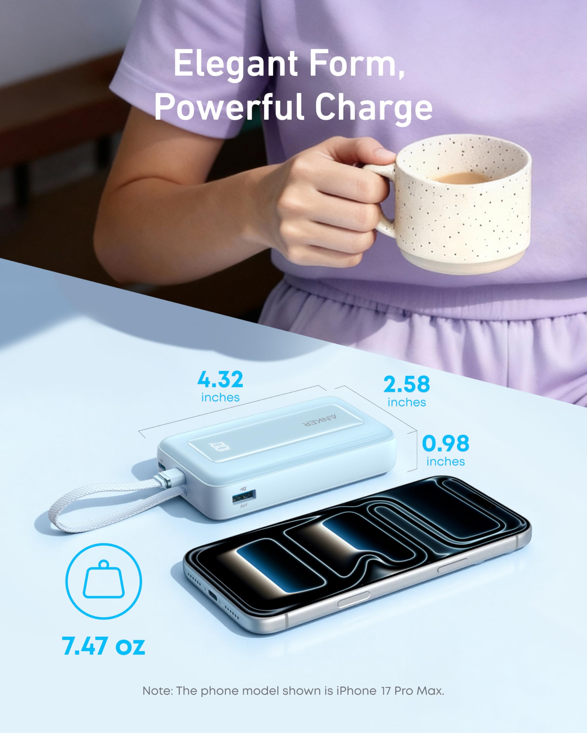 Anker Zolo Power Bank 10000mAh 30W Fast Charging with Built-In USB-C Cable for iPhone & Android