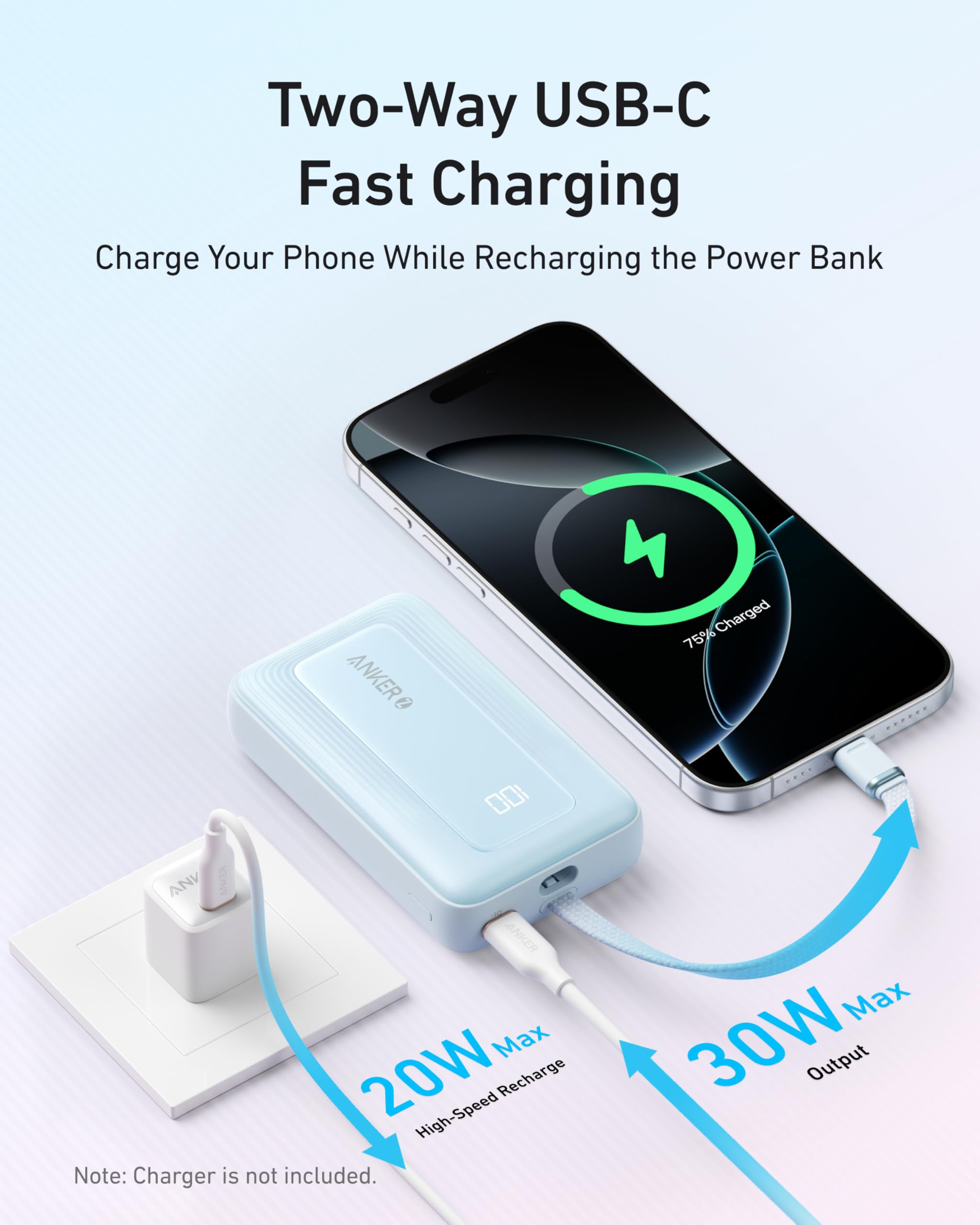 Anker Zolo Power Bank 10000mAh 30W Fast Charging with Built-In USB-C Cable for iPhone & Android
