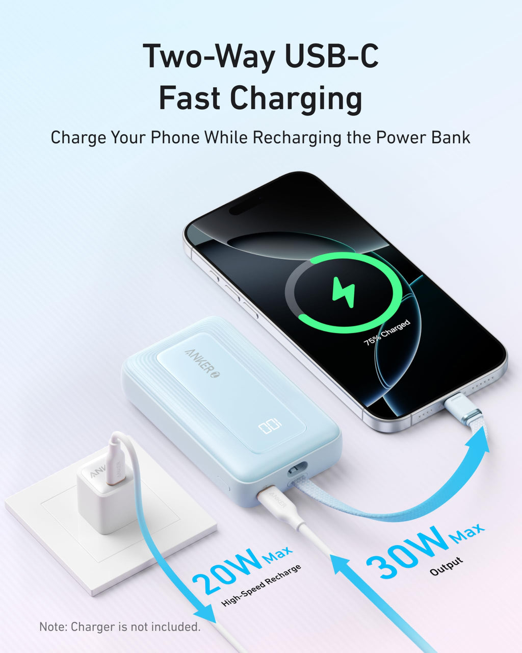 Anker Zolo Power Bank 10000mAh 30W Fast Charging with Built-In USB-C Cable for iPhone & Android