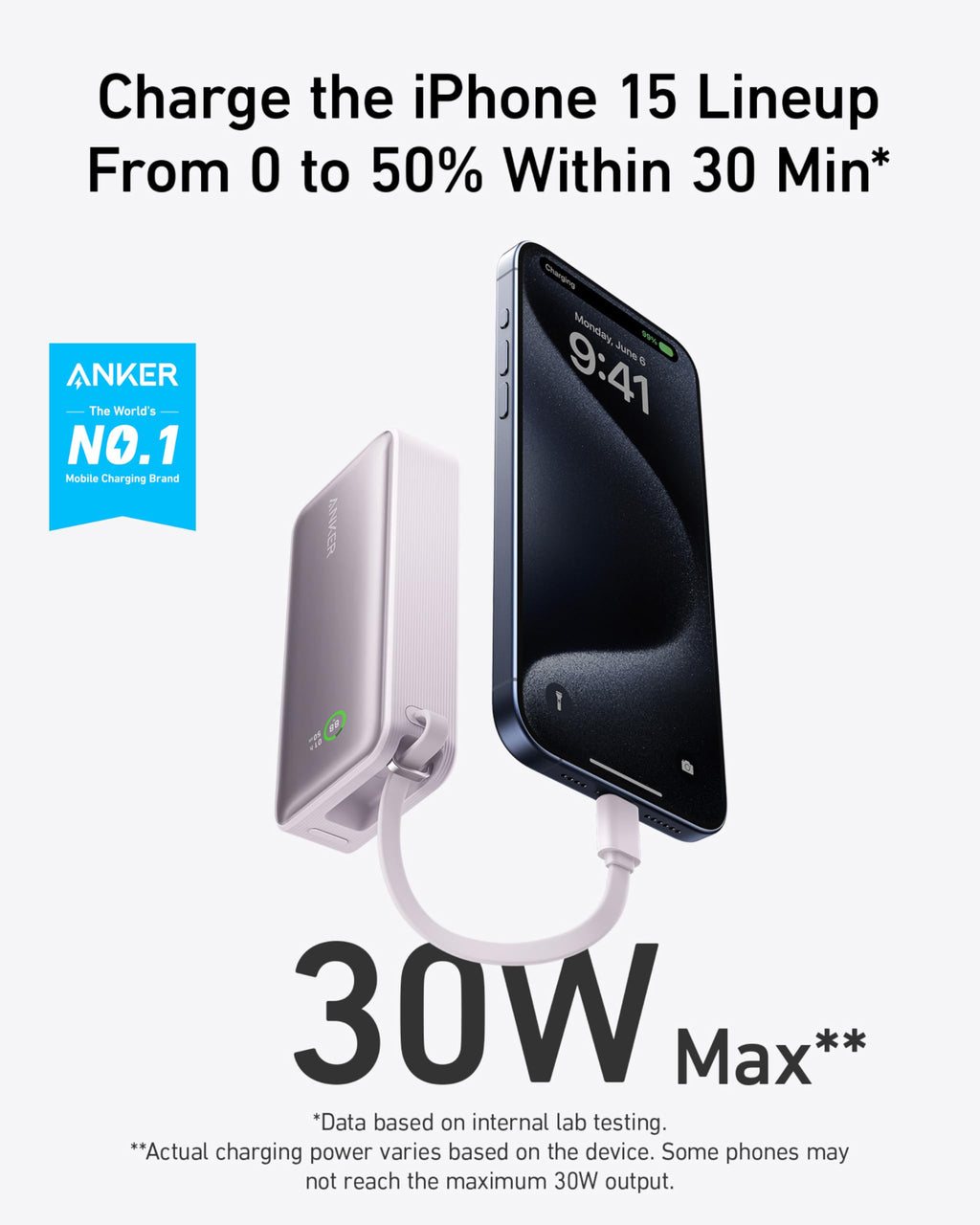 Anker Nano Power Bank 10000mAh 30W Fast Charging with Built-In USB-C Cable
