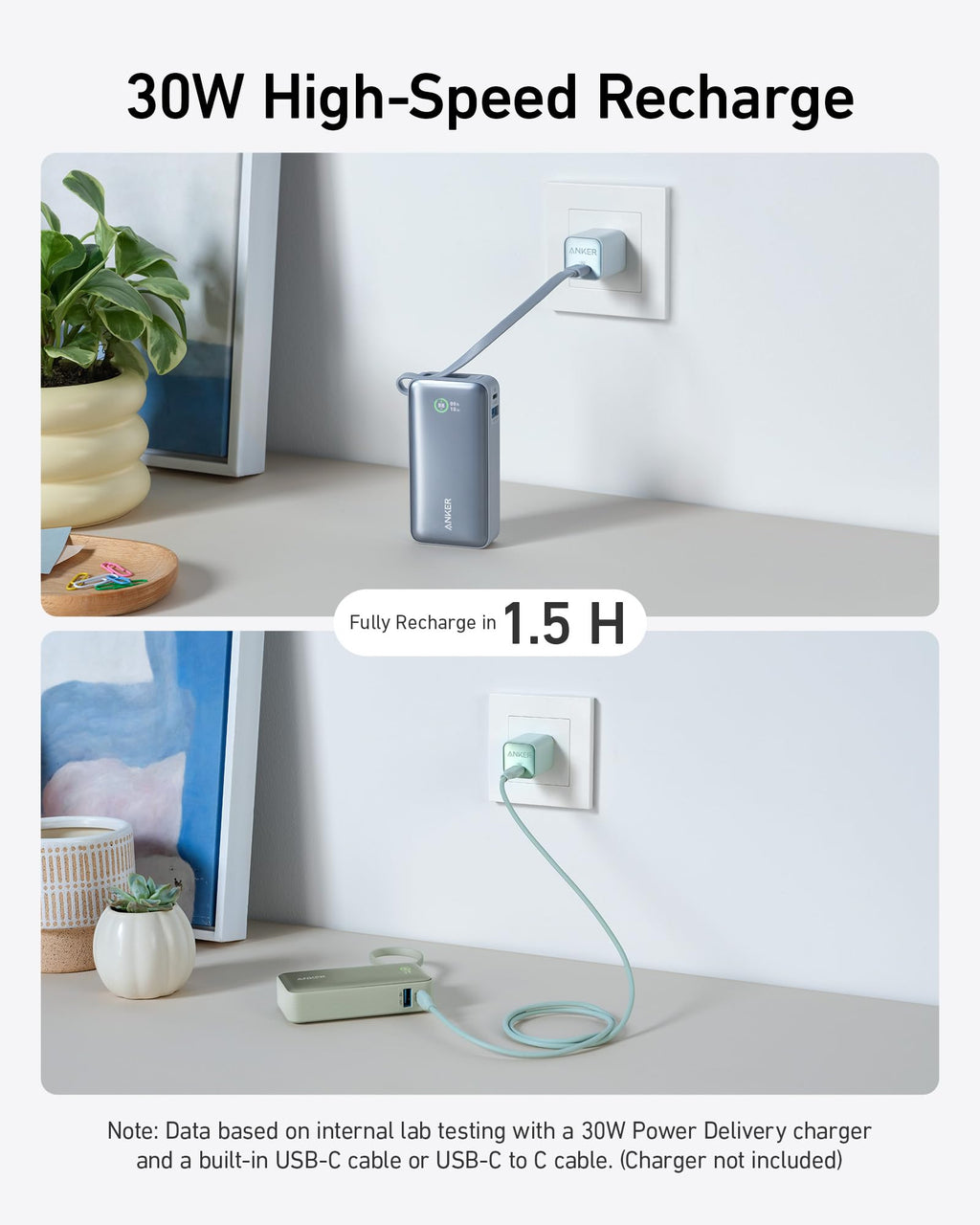 Anker Nano Power Bank 10000mAh 30W Fast Charging with Built-In USB-C Cable
